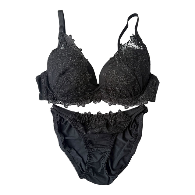 Black Floral Embroidered Japanese Bra + Underwear Set UK 34C