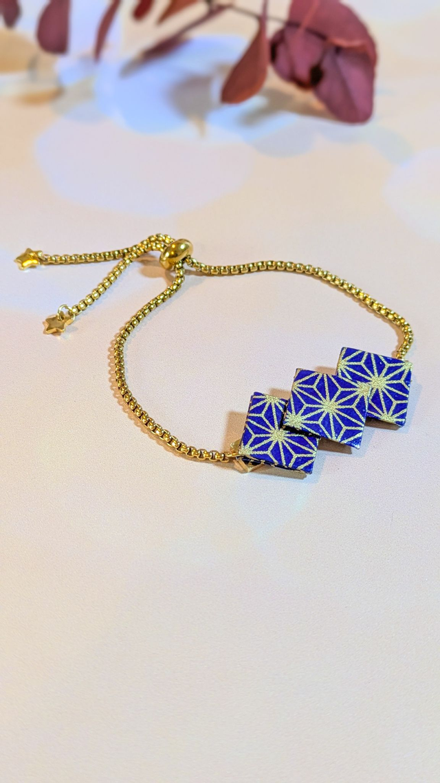 Zigzae - Bracelet origami et acier inoxydable doré - Bleu étoiles