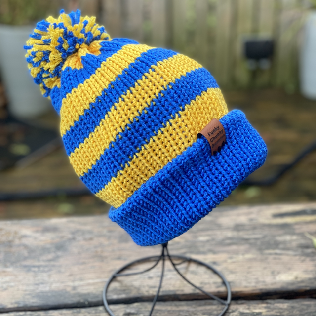 Funky Chunky Beanies Bobble Hat – Bluebell Blaze – Handmade in Scotland