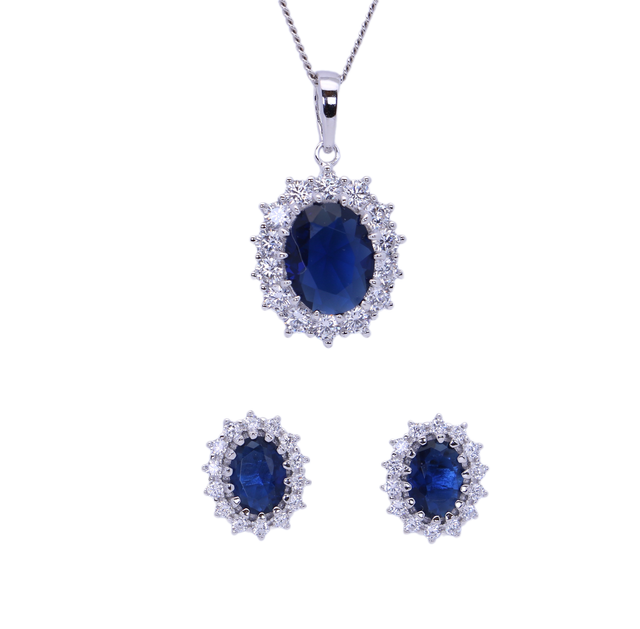 Strahlende Eleganz – Kamelie blau - Zirkonia-Schmuckset aus rhodiniertem 925er Silber