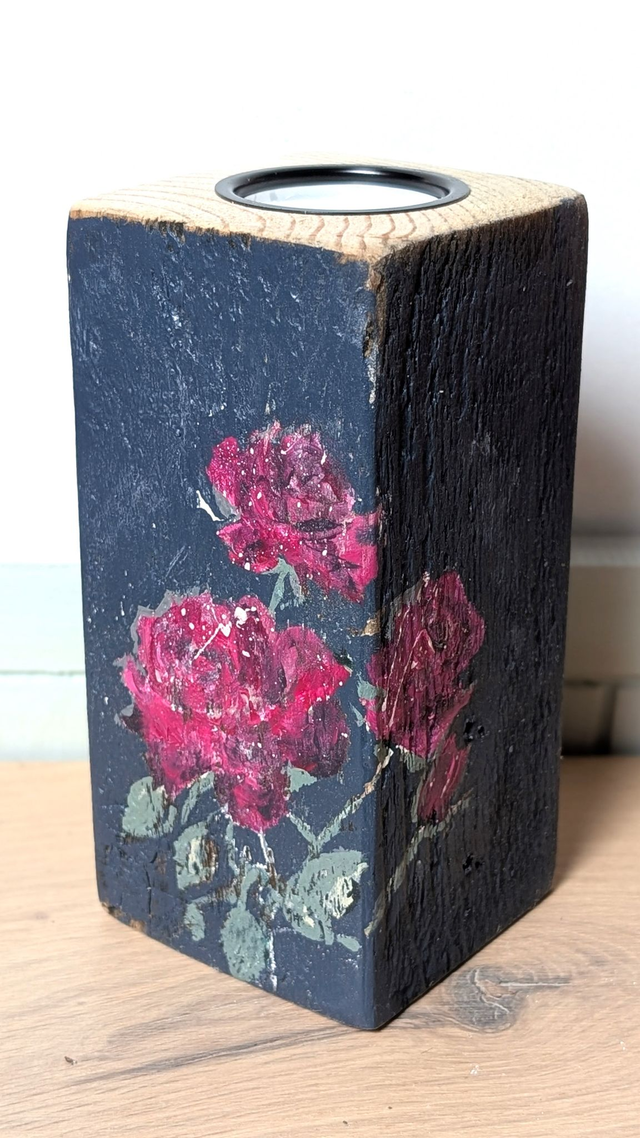 Roses striking pink painterly on navy - Tealight Holder Reclaimed Wood