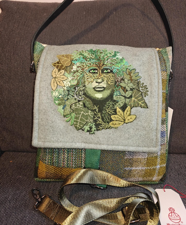Hand embroidered Gaia Mother Nature Harris tweed cross body bag