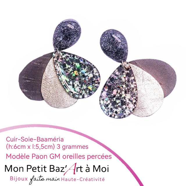 Boucles d'oreilles PAON GM gris rose poudré