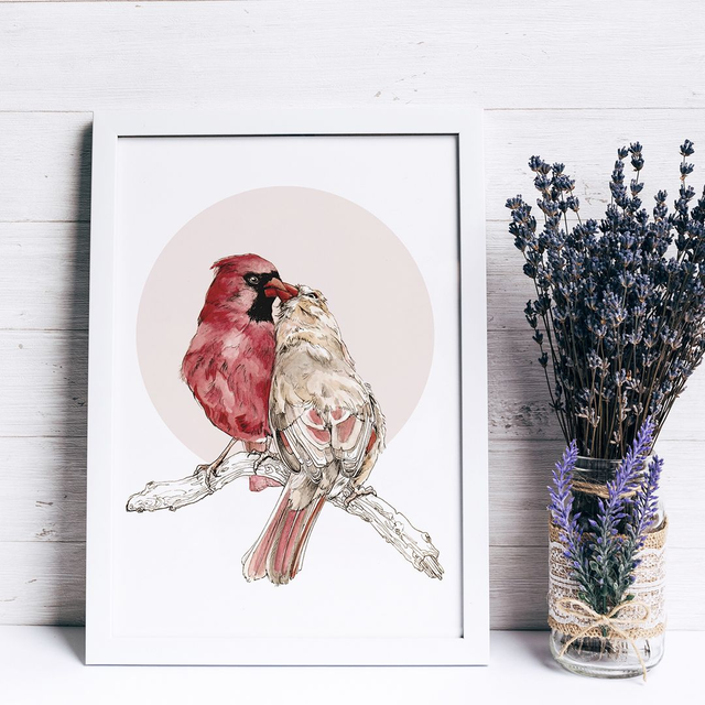 Loving Cardinals Bird Print - After an Original Ink and Watercolour Illustration