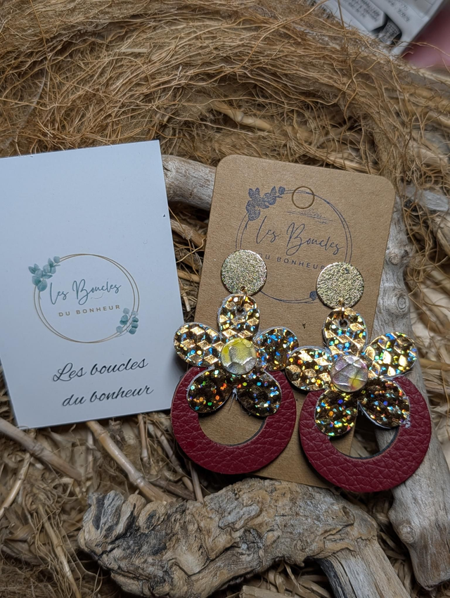 Boucles d'oreilles Baby Marguerite doré bordeaux bm030