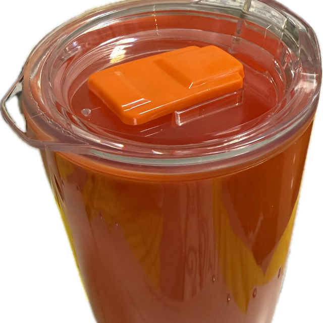 Orange or red solid plastic drinking cup with seal tight lid and open and closing spout on top.