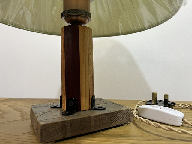 Retro-style bedside lamp made of four types of wood.