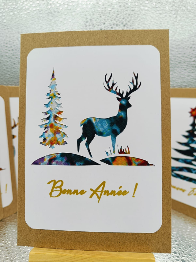Cartes de vœux cerf bleu papier et tissu wax