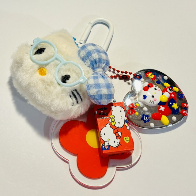 Hello Kitty plush pendant charm with handpainted mirror & matching charms BLUE design