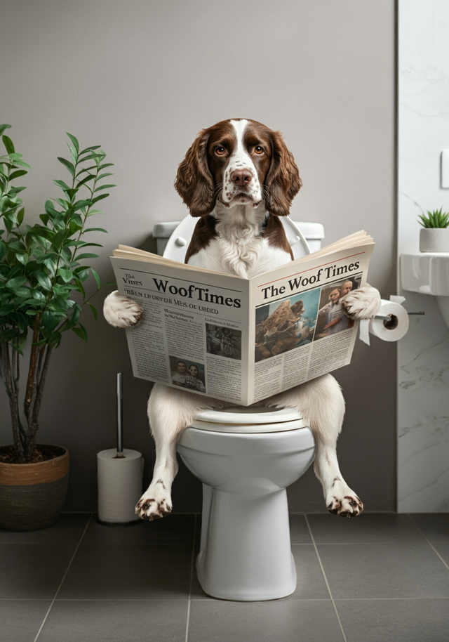 Spaniel on the Toilet Framed Canvas