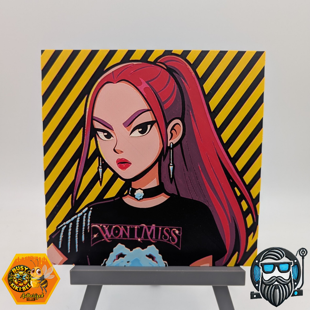 Tableau décoratif 3D HueForge – Illustration pop graphique féminine – Impression 3D PLA 200 x 200 mm