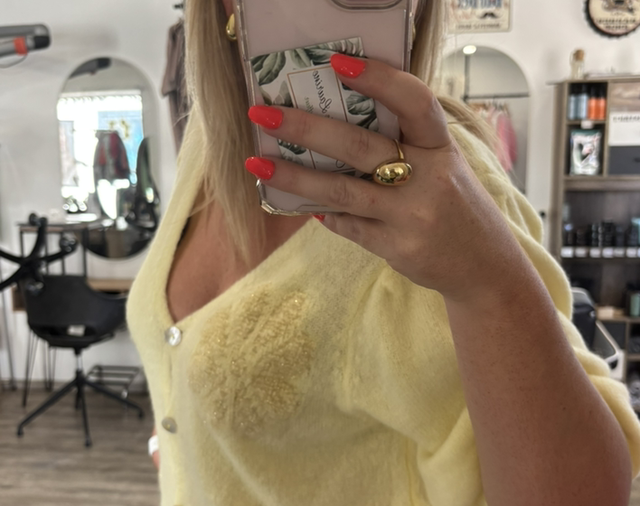 Gilet manches 3/4 jaune fleurs 