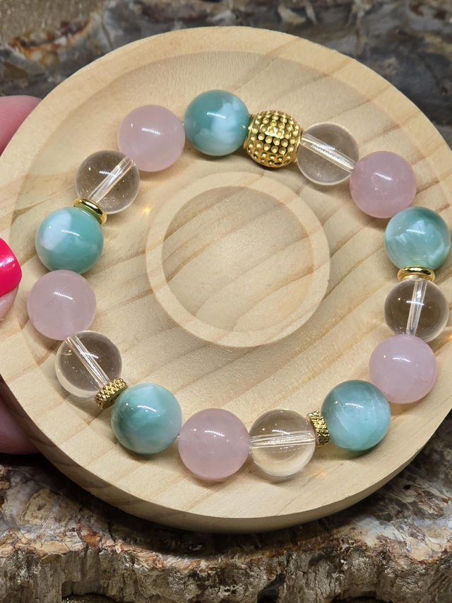 Bracelet Garniérite, Quartz rose, Cristal de roche XL en 1,2 cm