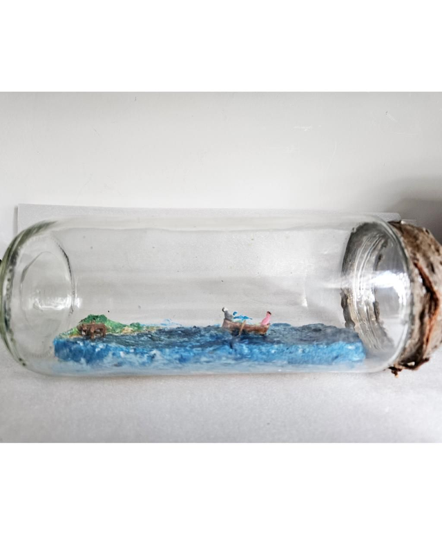 Canoe on the sea & stars on the sky Bottle Table Decor Eco Handmade Miniature