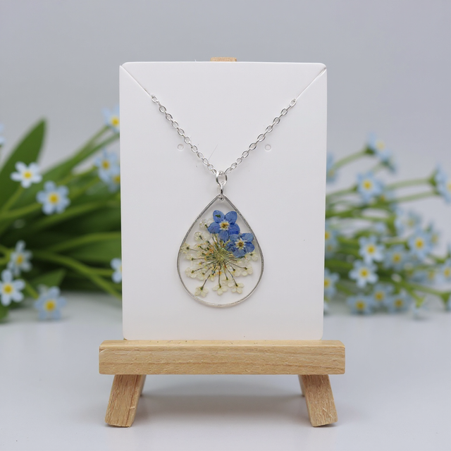 Forget-Me-Not Teardrop Necklace, 925 Silver-Plated Necklace