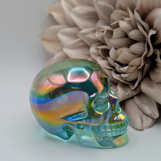 High Quality Hand Carved Crystal Skull - 3" Aura Coated Blue Obsidian 