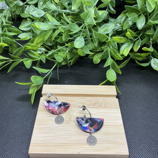 Créoles Puces Semi-Cercle Acétate Style Mosaïque Florale