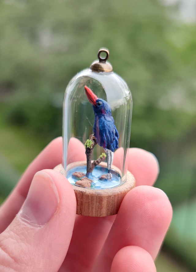 Numfor Kingfisher - one of a kind miniature diorama jewelry