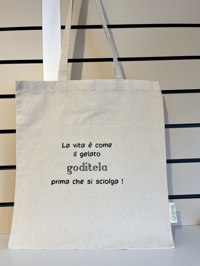 Borsa tela beige  "La vita è come il gelato goditela prima che si sciolga"