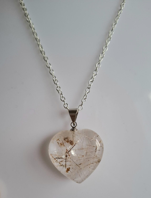 Rutile clear quartz heart pendant with silver chain