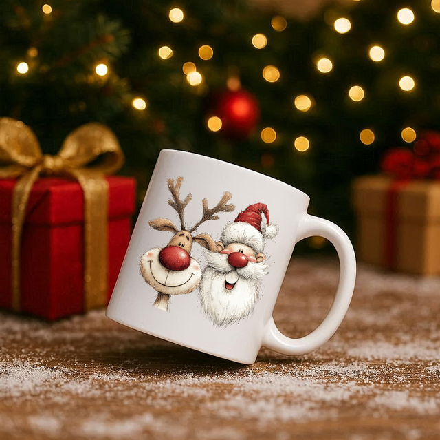 Vintage Santa &amp; Reindeer 11oz Ceramic Printed Mug Design 14