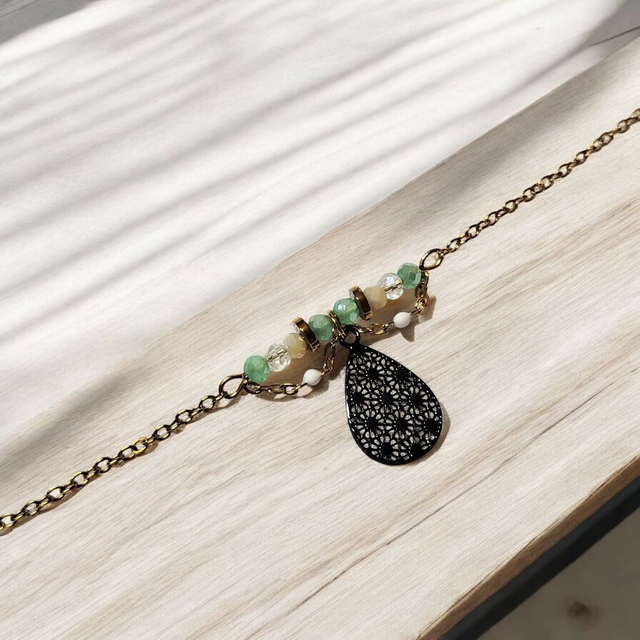 Bracelet acier inoxydable vert d'eau noir et doré