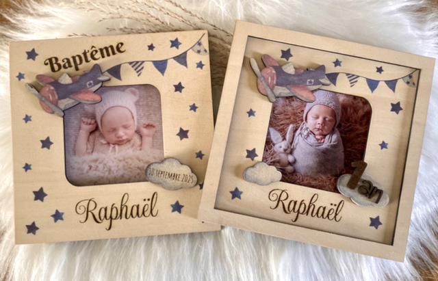Cadre photo en bois avion personnalisé – Cadeau baptême ou anniversaire bébé