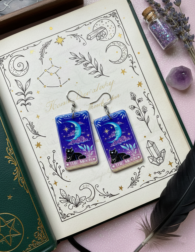 Boucles d'oreilles cartes de tarot La Lune &amp; chat noir
