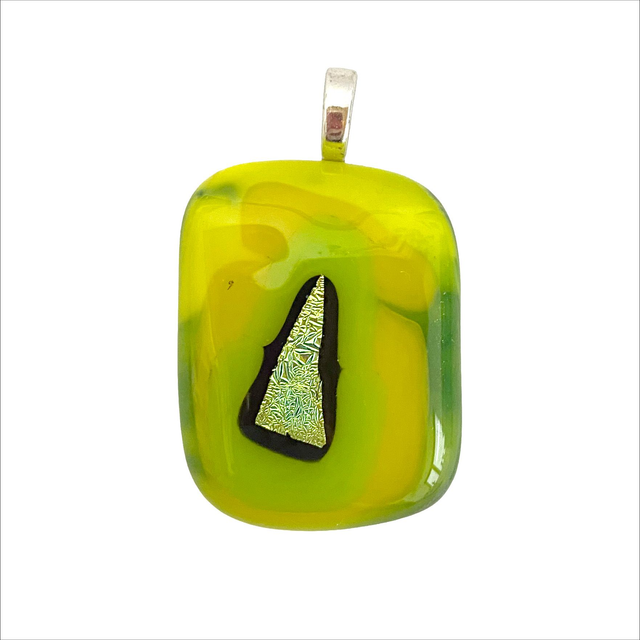 Pendant in shades of green and yellow with green dichroic glass in the centre (Ref P12)