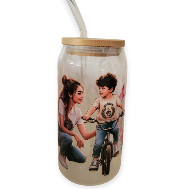 Gourde avec paille en verre Maman et son fils