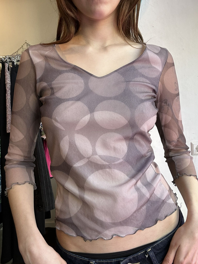 grey and circle printed mesh top