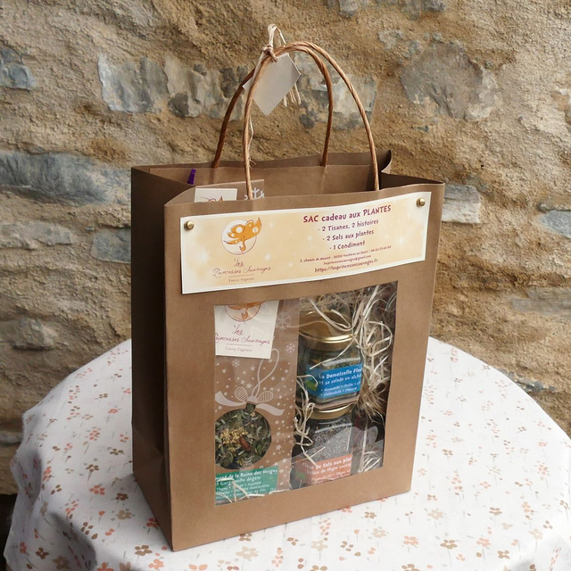 Sac cadeau 2 tisanes, 2 sels aux plantes, 1 condiment