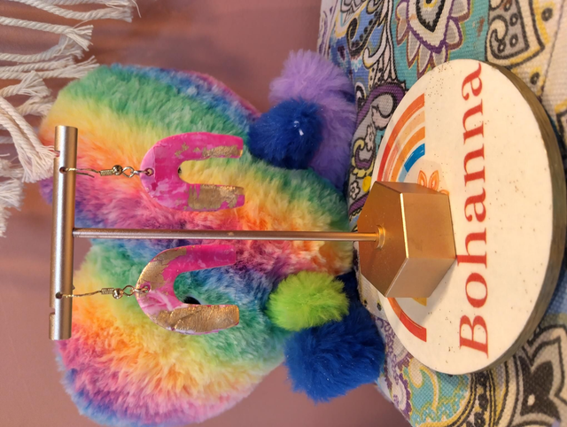 Handmade polymer clay rainbow earrings pink and gold metallic 