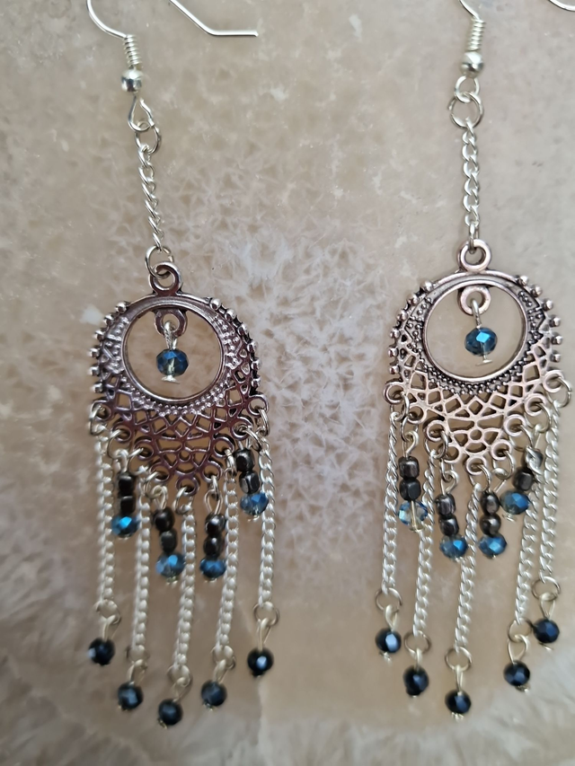 Boucles D'oreilles Chandelier Bohème Argenté Perles Cristal