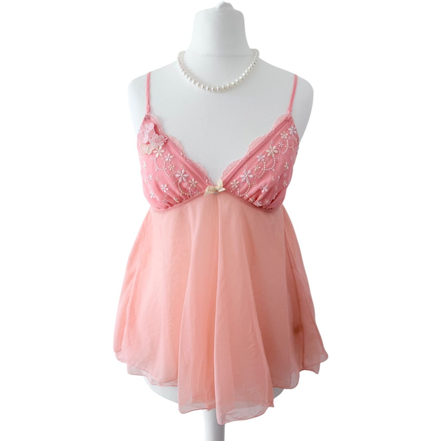 Coral pink floral appliqué embroidered cups cami 