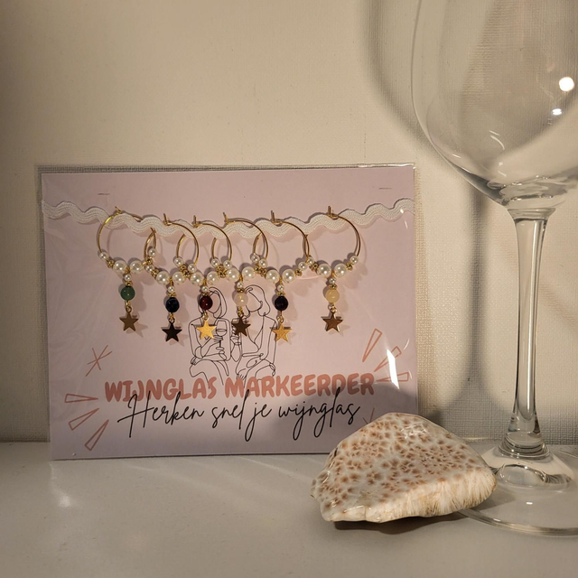 Wijnglas markeerder (set van 6) met Schelppareltjes, Edelsteen en Sterbedel (13.003)