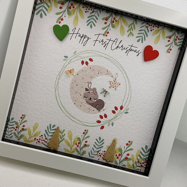 Personalised First Christmas frame and album set. Baby bear design. Red.