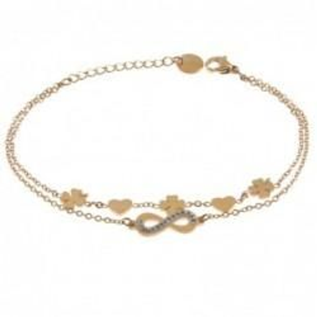 Bracciale donna in acciaio rosato con portafortuna e infinito 