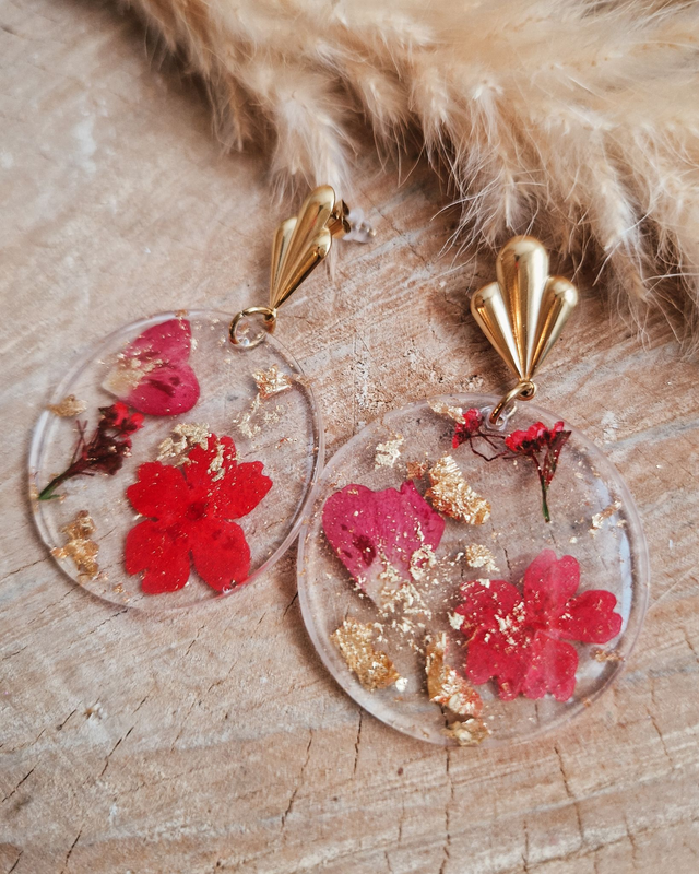 Boucles d'oreilles "La ronde fleurie" - Modèle rouge et doré / Modèle unique 