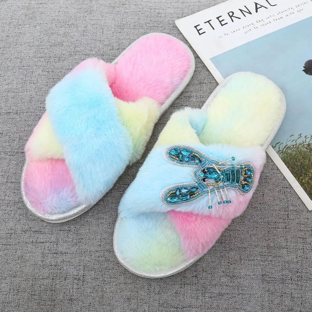Large Jewelled Rainbow Lobster Slippers in Blue Pink