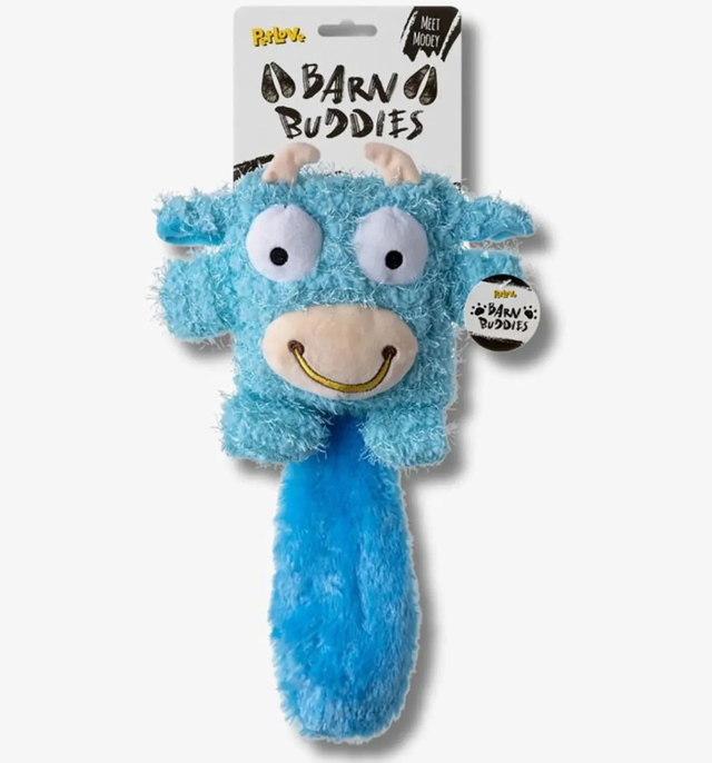 Mooey Barn Buddies Dog Toy Squeaker Crinkle Tail Blue 36cm