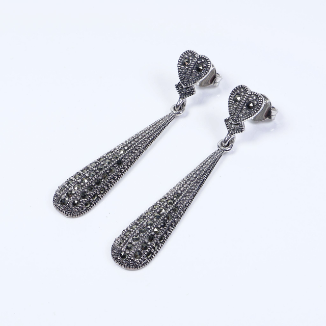 Elegant Pair of Sterling Silver 925 Art Deco Style Marcasite Gemstone Long Heart Teardrop Design Drop Dangle Earrings.