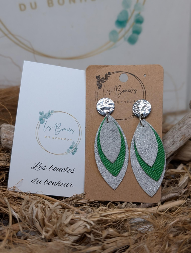 Boucles d'oreilles Feuille argenté vert f091