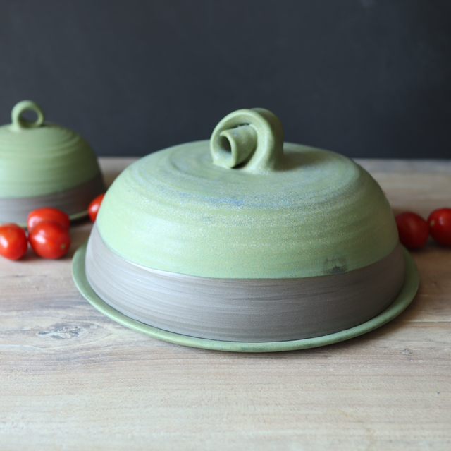Pottery Large Cheese Bell Cheese dome, cheese plate, forest colors