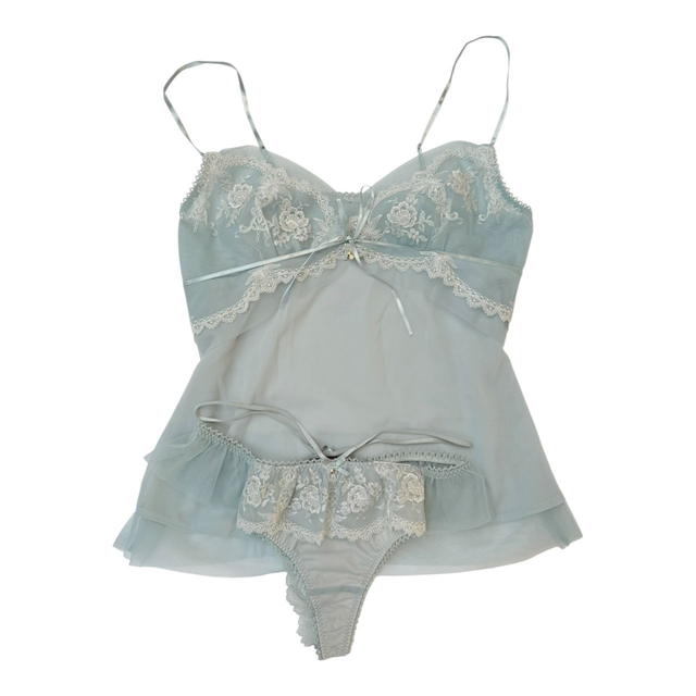 BNWT Japanese brand coquette blue embroidered tulle cami and underwear set 