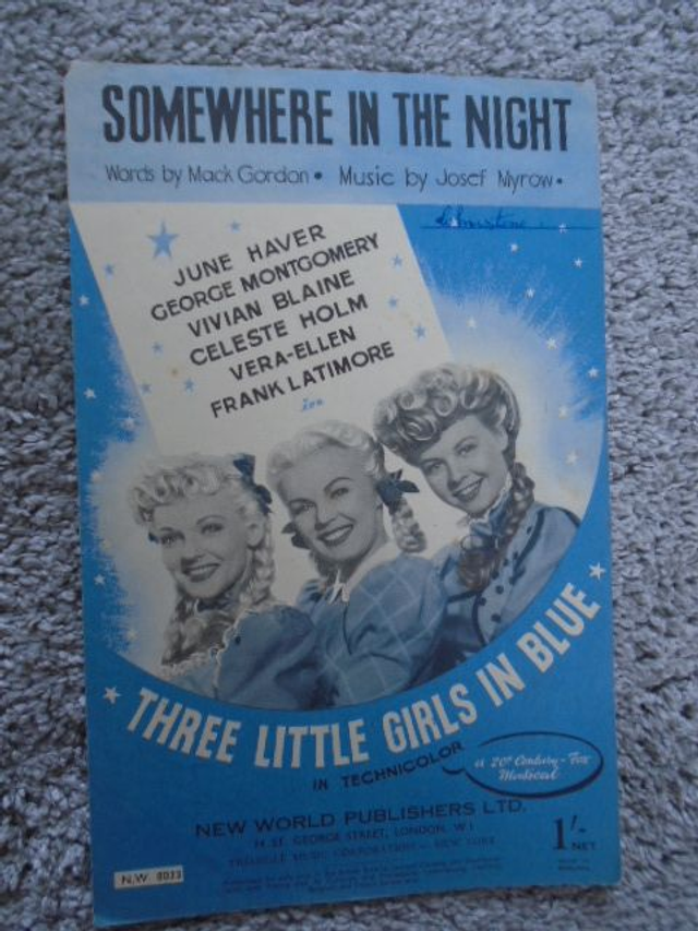 Somewhere in the Night Sheet Music 1946 Three Little Girls in Blue