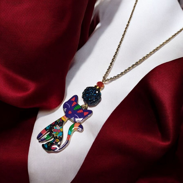 Collier acier inoxydable et cristal bleu et rouge chat