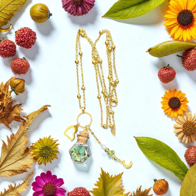 Sautoir Doré Talisman Mystique "GESTION DES EMOTIONS" - Turquoise, Pierre de Lune &amp; Péridot