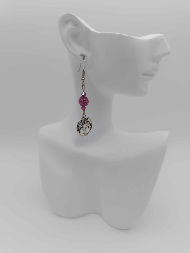 Boucles d&#039;oreilles en métal Arbre de vie et perles Swarovski 