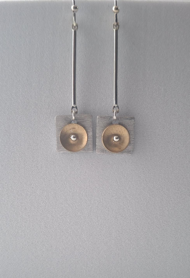 Textured Square with Brass Dome Drop Earrings